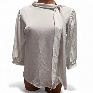 Chic White Women's Blouse with Bow Detail - small stains on front